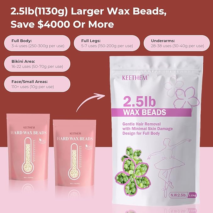 2.5lb Wax Beads, Hard Wax Beads for Coarse Hair Removal and Sensitive Skin- Waxing Beads for Women Men - Hard Wax Recommended for Full Body Bikini Brazilian Waxing (Aloe)