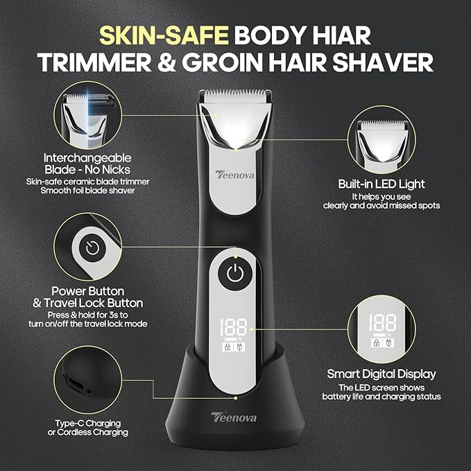 Electric Body Hair Trimmer Shaver - 3 in 1 Pubic Trimmer for Men - Bikini Trimmer for Women - No Nick Groin Ball Razor with Ceramic Blade Head, Wireless Dock Charging (Silver)