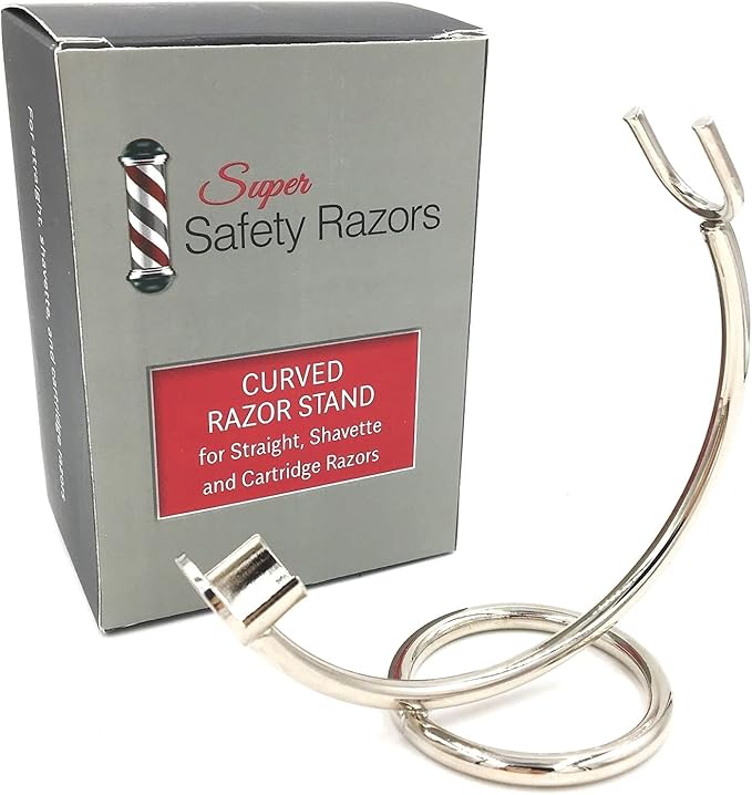 Curved Chrome Razor Stand for Straight, Shavette & Cartridge Razors - Fits 100 mm+ Handle Lengths