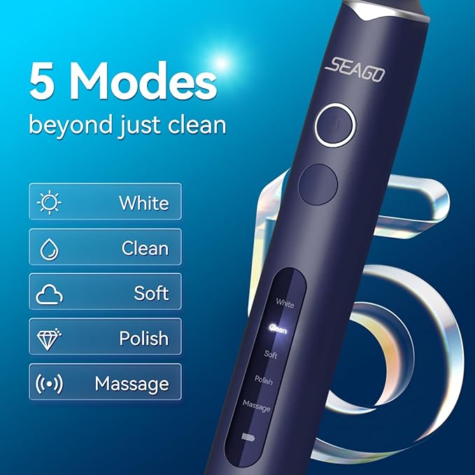 SEAGO Rotating Electric Toothbrush with 8 Round Brush Heads, with 5 Cleaning Modes, Sonic Technology Whitening Teeth in 14 Days, for Adult and Kids, SG-2603 (Blue)