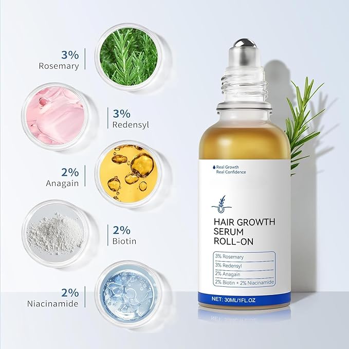 Hair Growth Serum Roll-On for Thinning Hair – Stimulates Follicles, Strengthens Roots & Boosts Density with Rosemary & Biotin – Non-Greasy Scalp Treatment for Men and Women 30ml