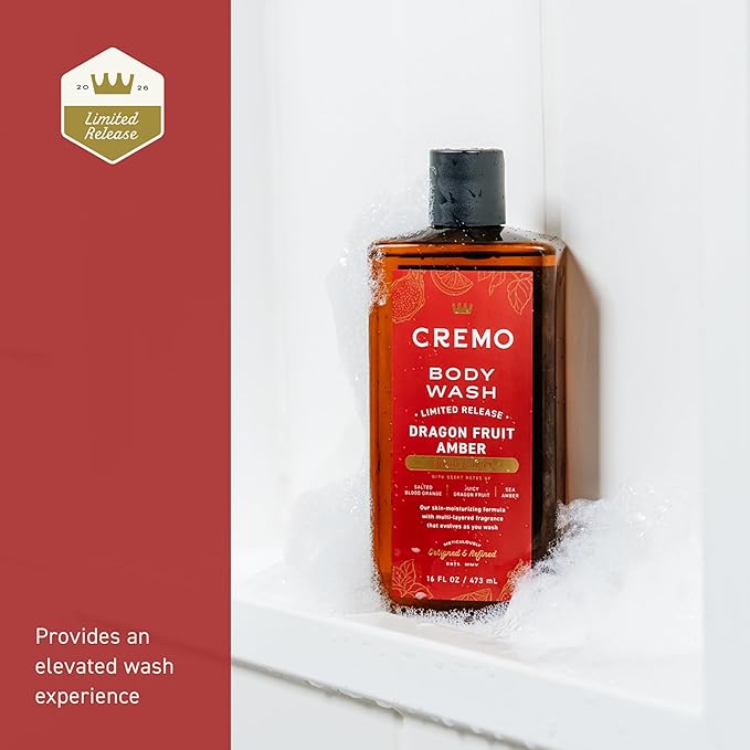 Cremo Rich-Lathering Dragon Fruit Amber Body Wash Men, Notes of Salted Blood Orange, Juicy Dragon Fruit, and Sea Amber, 16 Fl Oz