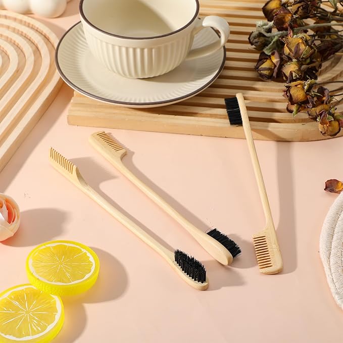 3 Pieces 2-in-1 Moustache Beard Edge Brush, Bamboo Wood Comb, Eyebrow Hair Tool, Gentle Control, Double Sided Design