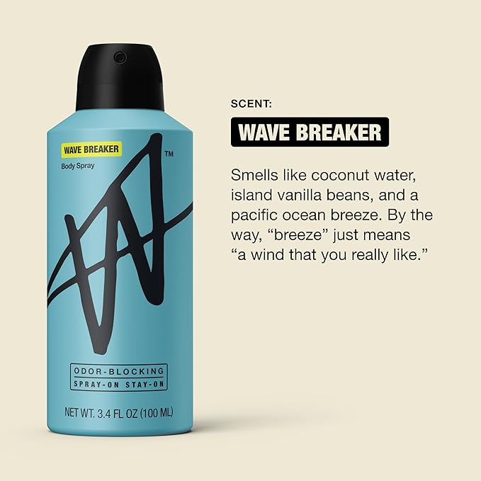 Jake Paul Wave Breaker Body Spray for Men By W, Odor Blocking Body Deodorant, Long Lasting Protection, 3.4 fl oz (Pack of 3)