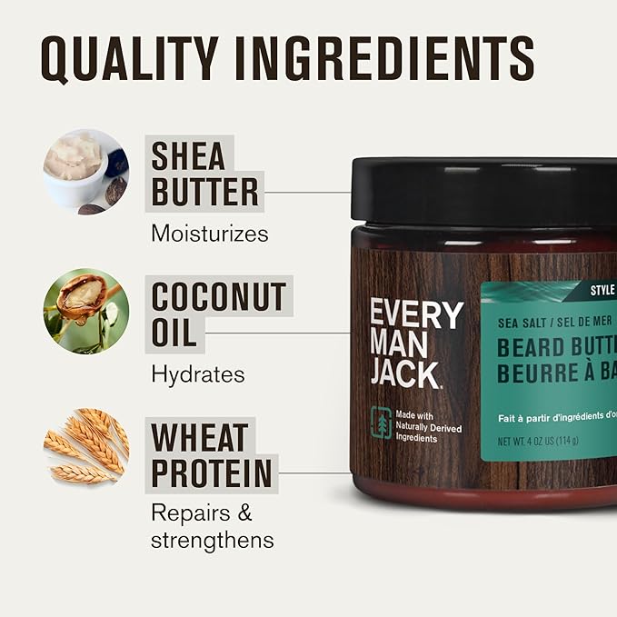 Every Man Jack Beard Butter- Subtle Sea Salt Fragrance - Rejuvenates, Hydrates, and Styles Dry, Unruly Beards While Relieving Itch - Naturally Derived with Shea Butter and Coconut Oil - 4oz