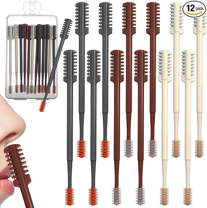 12 Pcs 2 in 1 Nasal Hair Cutter 2026 Upgrade Design Double Sided Nose Hair Trimmer for Men Women Portable 360° Rotating Manual Nose Nasal Knife Soft Cleaning Brush Box Package Multicolor