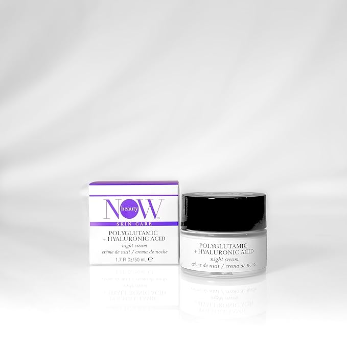 NOW BEAUTY Polyglutamic Plus Hyaluronic Acid Night Cream - Deeply Hydrating Moisturizer - Overnight Anti-Aging Cream for Face - Vegan – Sulfate & Paraben Free - For Men & Women - Travel Size - 1.7 oz