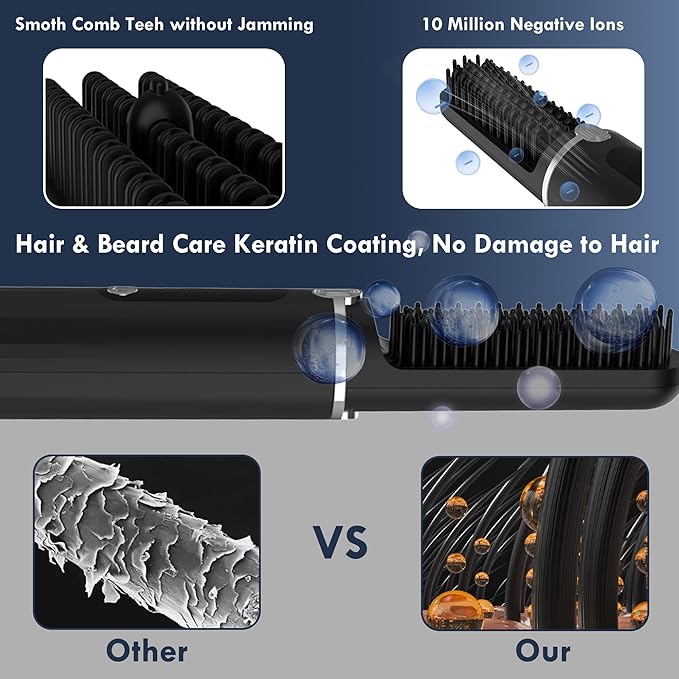 Beard Straightener for Men - Cordless Heated Beard Straightening Comb with LCD, Beard and Hair Straightener Brush Hot Comb, Anti-Scald & Automatic Shut-Off, Portable for Travel