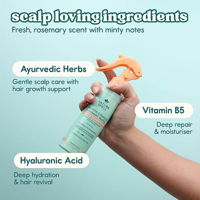 Nature Spell Rosemary Water Leave in Conditioner, Promotes Hair Growth, Heat Protection Spray, Detangling, Smoothes & Adds Shine, For All Hair Types, 5.07 Fl Oz