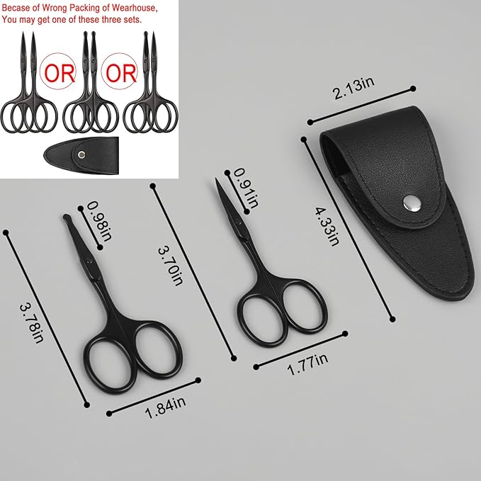 Eyebrow & Rounded Tips Nose Hair Scissors with Carrying Pouch for Men Women,Stainless Steel Small Scissors for Grooming Brow, Beard, Mustache, Eyelashes, Ear Hair,Hair Cutting (Black)
