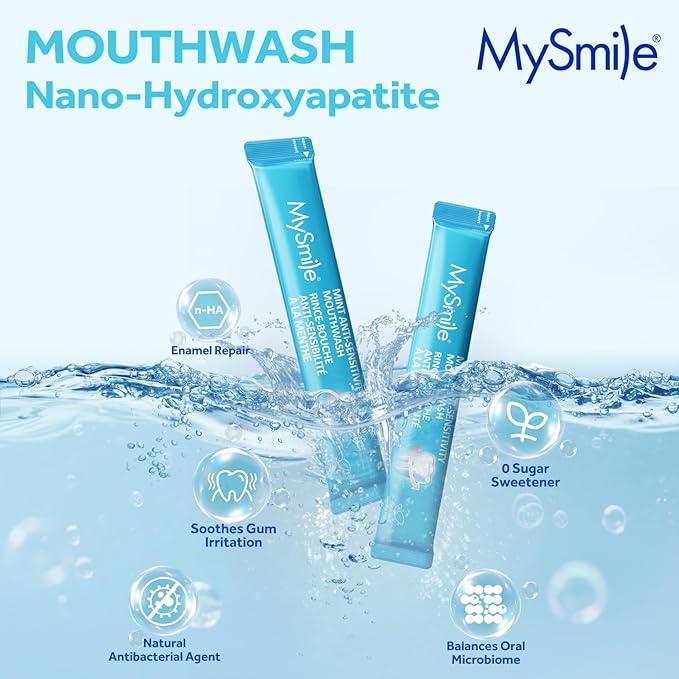 MySmile Mouthwash for Sensitive Teeth, Nano Hydroxyapatite Mouth Wash Travel Size, Fluoride Free Alcohol-Free Remineralizing for Enamel Strength Oral Rinse, Fresh Mint Flavor, 90 Packets