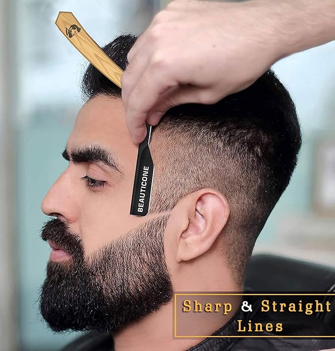 BEAUTICONE Straight Razors for Men, Professional Barber Razors, Premium Straight Edge Razor, Shaving Knife, Shavette, Stainless Steel, Wooden Handle, With PU Leather Case