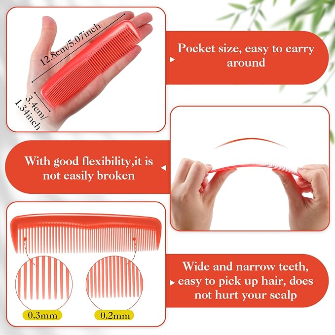 HESTYA 24 Pack Pocket Hair Combs Bulk Double Side Hair Cutting Comb 5 Inch Unbreakable Plastic Fine Tooth Comb Barber Beard Mustache Hairbrush Hairdressing Styling Homeless Salon Home Hotel (6 Colors)
