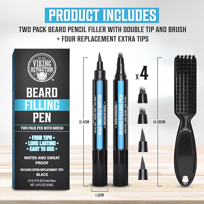 Viking Revolution Beard Pen (2 Pack) - Black Beard Pencil Filler for Men Lapiz para Barba de Hombre - Beard Filler for Men Waterproof Beard Filling Pen Kit - Long Lasting Beard Filler Pen with Brush