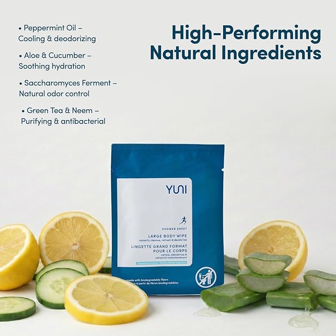 YUNI Beauty Large Body Wipes, Peppermint Citrus, 12 Count, Compostable, Biodegradable, No Rinse Body Cleanser, On-the-Go Shower Alternative