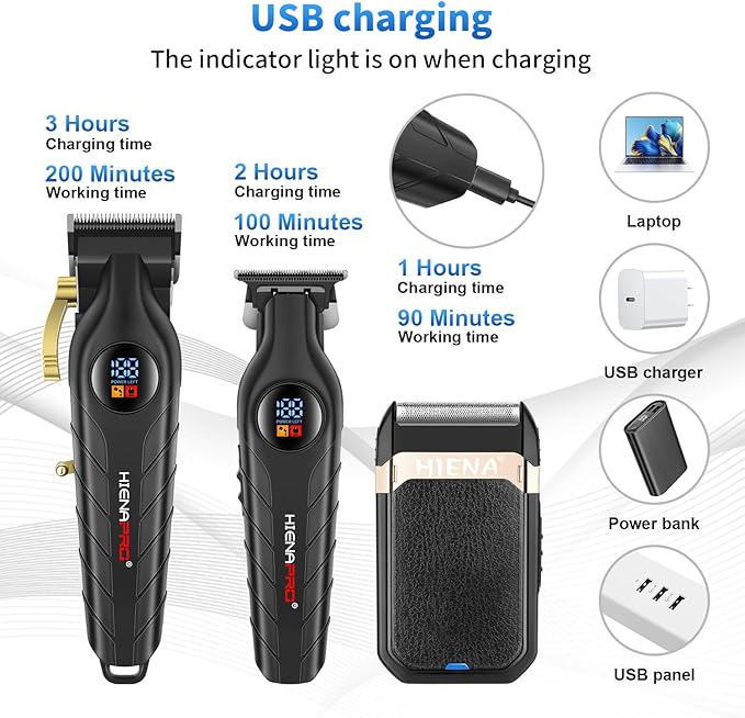 HIENA PRO Hair Clippers for Men Professional, Cordless Barber Clipper T-Blade Beard/Hair Trimmer Foil Shaver Full Barber Set, Electric Men's Hair Cutting Kit with LED Display and 8 Guide Combs