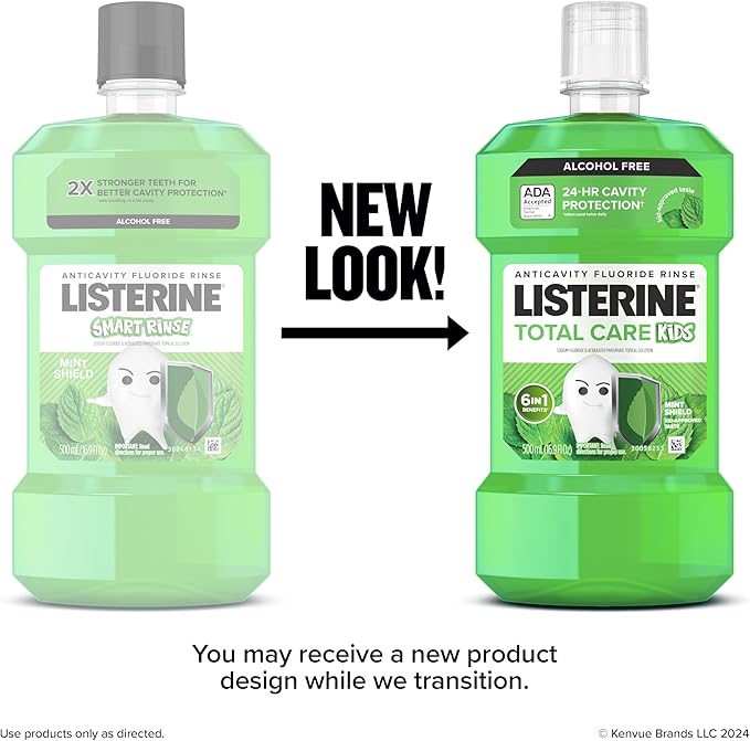 Listerine Total Care Kids Mouthwash, ADA Accepted, Alcohol-Free Anticavity Fluoride Mouthwash, Oral Rinse for Cavity Protection and Fresh Breath, Mint Shield Flavor, Twin Pack, 2 x 500 mL