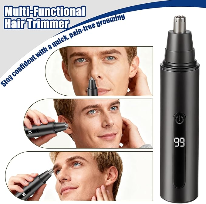 SYAWS Nose Hair Trimmer for Men and Women,USB Rechargeable Eyebrow & Facial Hair Remover with LED Display,Aluminum Alloy Shell with IPX7 Waterproof,Dual Edge Blades for Easy Cleaning (Gold)