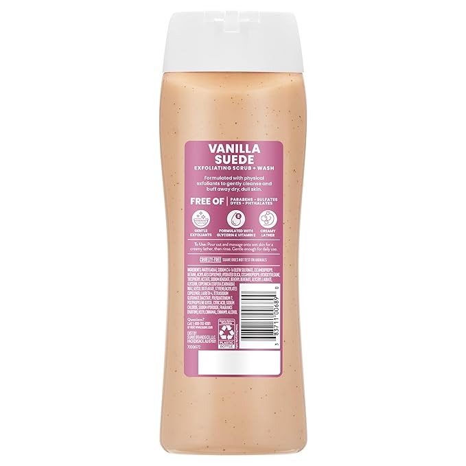 Suave Vanilla Suede Exfoliating Body Wash & Scrub with Glycerin & Vitamin E, Sulfate-Free Hydrating Cleanser for Soft, Smooth Skin, 6 Count, 18 FL OZ