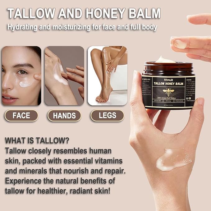 Mtmult Beef Tallow for Skin - Tallow and Honey Balm for Face, Hydrating with Grass-Fed Beef Tallow, Raw Honey & Beeswax | Beef Tallow for Face & Body Tallowyn Skin Balm