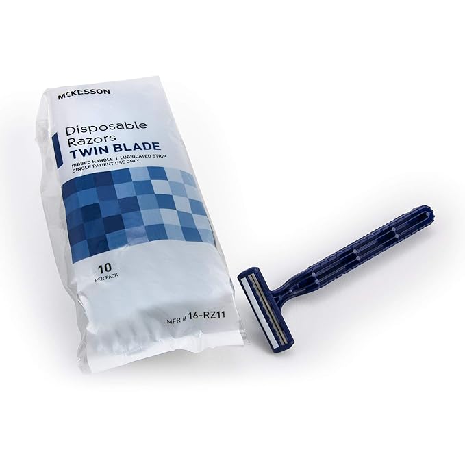 McKesson Disposable Razors, Stainless Steel Twin Blade, Lubricated Strip, Ribbed Handle, Blue, 10 Count, 1 Pack