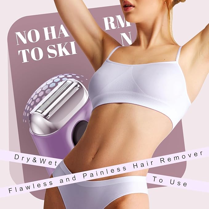 Cordless Electric Shaver for Women: Mini Electric Razors with LED Display - Rechargeable Bikini Trimmer - IPX7 Waterproof Wet Dry Face Razor for Body Pubic Leg (Bright Purple)