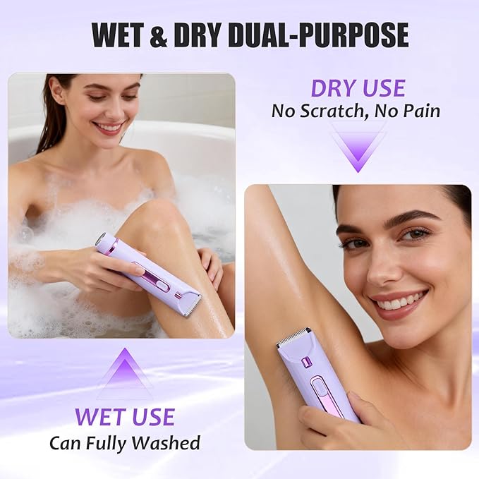 Bikini Trimmer for Women,2-in-1 Electric Shaver, Rechargeable Pubic Body Hair Trimmer Electric Shaver for Legs Body Hair,Dual Head Electric Razors Shaver, for Ladies Pubic, Face, Underarms, Legs