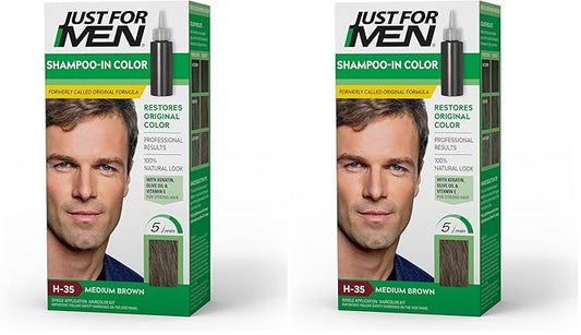 Just For Men Shampoo-In Color (Formerly Original Formula), Mens Hair Color with Keratin and Vitamin E for Stronger Hair - Medium Brown, H-35, Pack of 2