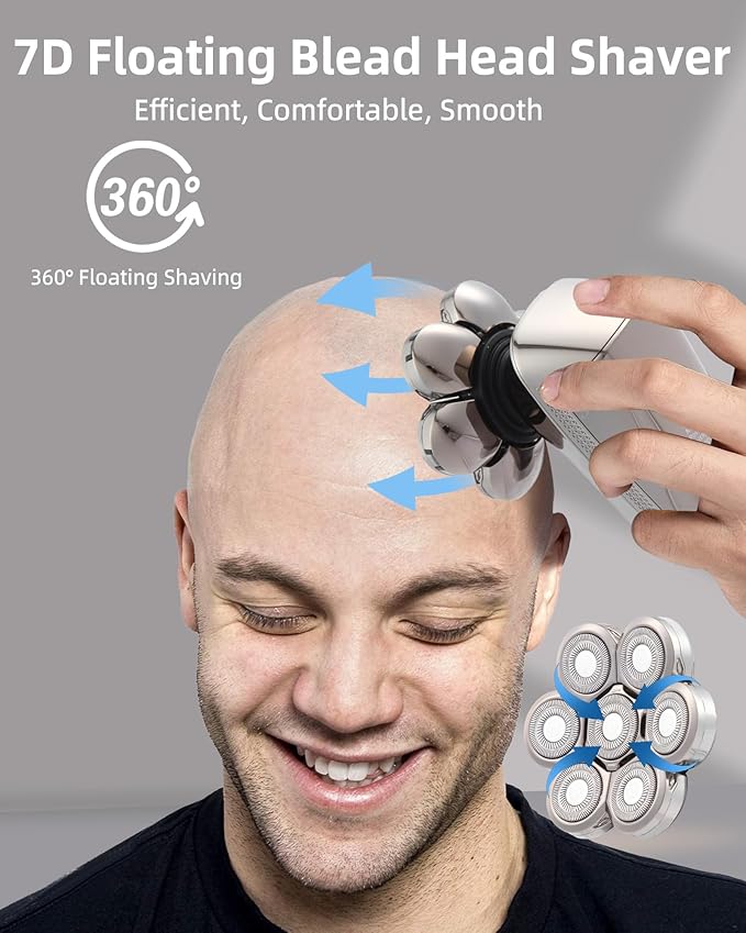 Head Shavers for Bald Men,7D Detachable Electric Bald Head Shaver,5-in-1 Dry Wet Bald Head Shavers for Men,IPX7 Waterproof Electric Razor for Men with Led Display,Fathers DayGifts, Silver