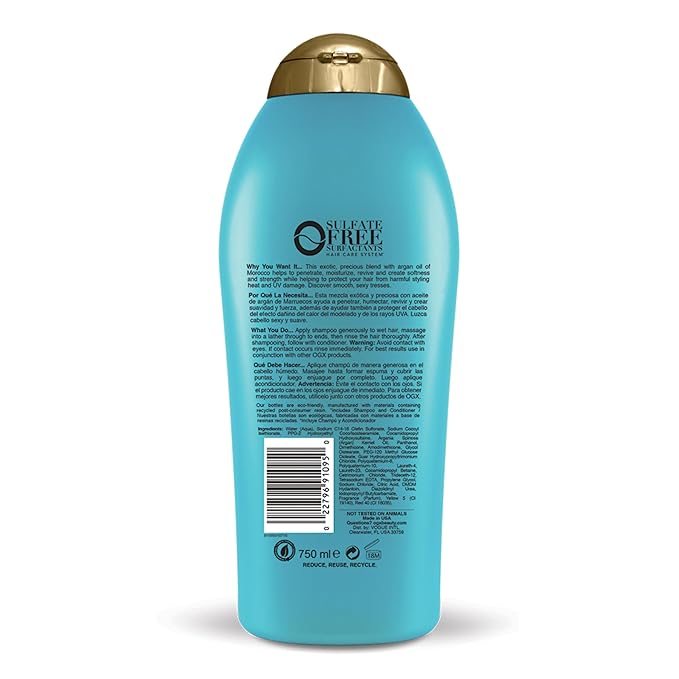 OGX Renewing + Argan Oil of Morocco Hydrating Hair Shampoo, Cold-Pressed to Help Moisturize, Soften & Strengthen Hair, Paraben-Free with Sulfate-Free Surfactants, 25.4 fl oz (Pack of 2)