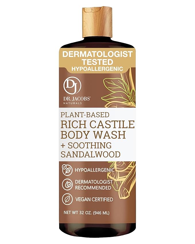Dr. Jacobs Naturals Pure Castile Soap Liquid Body Wash, Sandalwood - Plant Based Soap Infused with Vitamin E and Aloe Vera to Moisturize Dry and Sensitive Skin - Made in The USA - 32 oz, Pack of 1