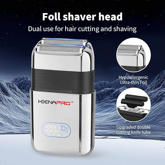 HIENA PRO Reciprocating Electric Foil Shaver for Men, Cordless Professional Bald Head Precision Trimmer & Beard Trimmer, Foil Shaver with LED, Gifts for Men(Silver)