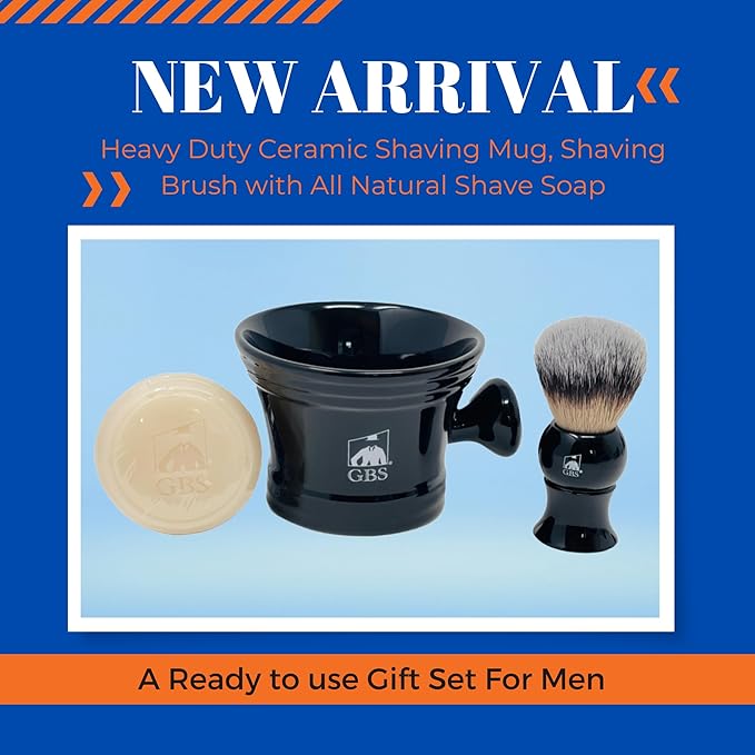 G.B.S GENTS Men’s Wet Shaving Kit - Complete 4-Piece Set with Heavy Duty Ceramic Bowl, Synthetic Shave Brush, Stand & Natural Shea Butter Lather Soap (Black)