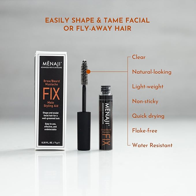 MËNAJI The Fix - Mens Beard and Brow Gel - Hold and Setting Gel with Spiral Brush - Long Lasting - Keep Facial Hair in Place - 0.25 Oz