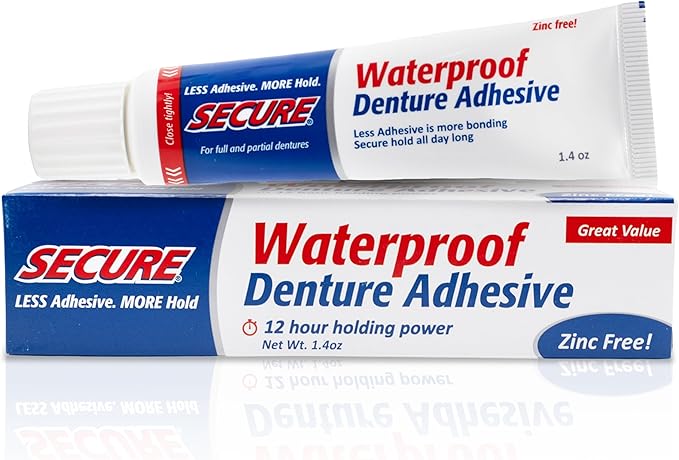 Secure Denture Adhesive Cream for Uppers, Lowers & Partials – Waterproof Seal & Zinc Free – Food Grade Ingredients - Less Adhesive, More Hold - Tube Lasts Up to 8 Weeks - 1.4 oz