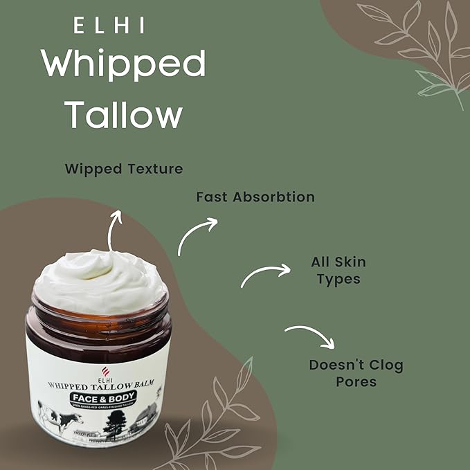 ELHI Whipped Beef Tallow Skin Moisturizer, 100% Grass Fed, Face and Body Balm, For Women & Men, 4 OZ, (VANILLA LAVENDER)