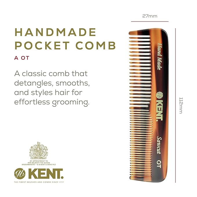 Kent OT Pocket Comb Set - 4.4" Fine Tooth and Wide Tooth Handmade Hair Combs for Men, Women, and Kids - Travel, Beard, and Mustache Grooming Combs, Saw Cut and Hand Polished