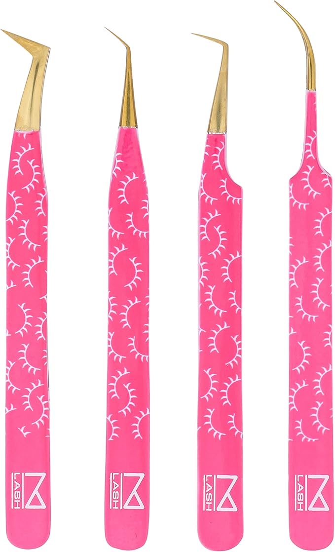 M LASH Tweezers for Eyelash Extensions (Set of 4) - Professional Lash Extension Tweezers - Fiber Tip, Japanese Steel, Diamond Grip Eyelash Extension Tweezer set (PW)