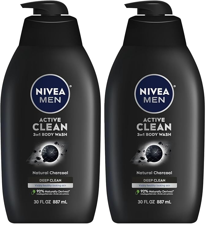 NIVEA MEN Active Clean Body Wash with Natural Charcoal for Normal to Oily Skin,3-in-1 Charcoal Body Wash,Face and Hair,Draws Out Dirt and Impurities,30 Fl Oz Bottle,(Pack of 2)