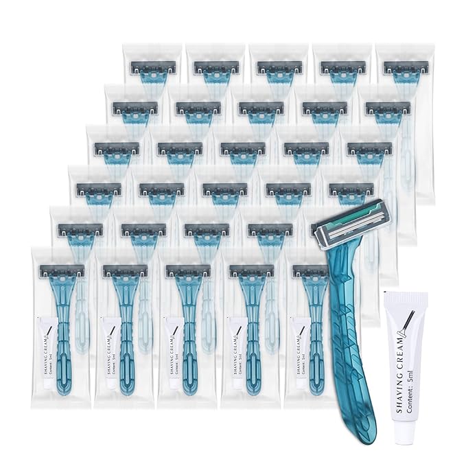 Disposable Razors Bulk, Blue Razors Individually Wrapped Bulk, With Shaving Cream For Hotels, Shelters, Homeless, Nursing Homes, Charities, Churches (30-PACK)