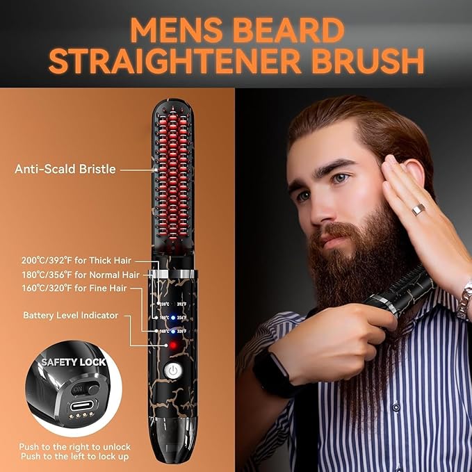 Beard Straightener for Men, Cordless Heated Beard Brush, Portable Beard Hot Combs, Ionic Mini Hair Straightener with 3 Temp Settings, Coarse Curly Hair Brush, Grooming Kit for Men