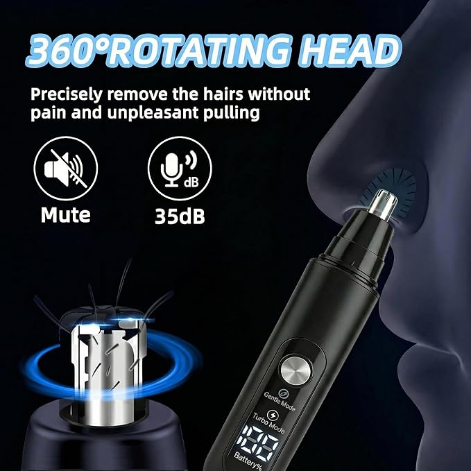 Ear & Nose Hair Trimmer, Professional Painless Eyebrow and Facial Hair Trimmer for Men and Women, C-Type Rechargeable, Waterproof Double Edged Blade (Carbon Black)