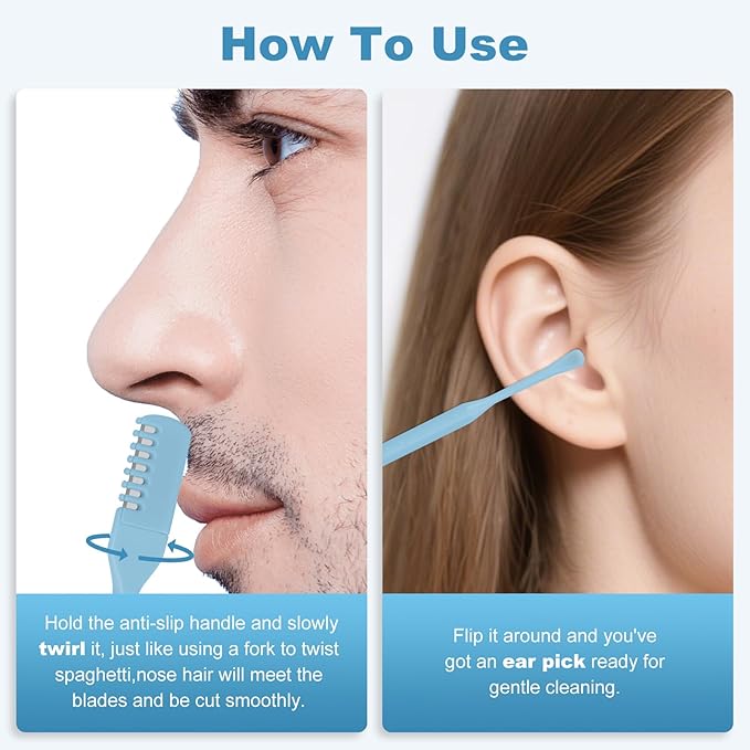 5PCS 2-in-1 Nasal Hair Cutter, Manual Nose Hair Trimmer Cutter with Ear Pick for Women & Men 360°Rotating Nose Hair Remover Grooming Tool Knife Razor Portable Nostril hair Trimmer Clipper (Sky Blue)
