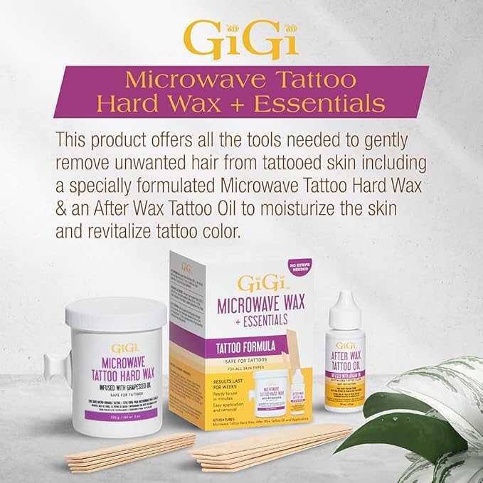GiGi Microwave Tattoo Hard Wax Kit - Hair Removal Wax for Sensitive Skin & Tattoos, Includes After Wax Oil & Applicators, 1 pack