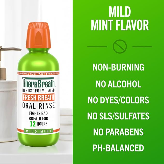 TheraBreath Fresh Breath Mouthwash, Mild Mint Flavor, Alcohol-Free, 16 Fl Oz (2-Pack)
