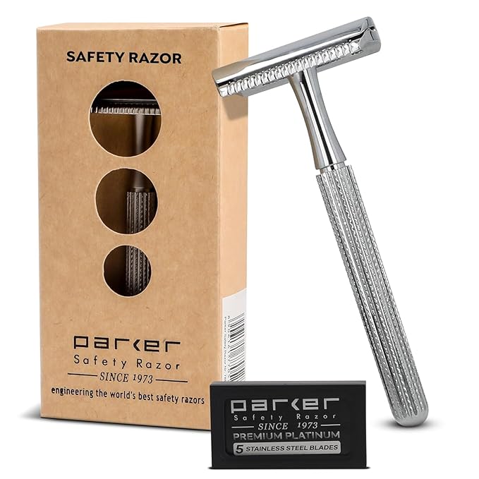 Parker 78R Double Edge Safety Razor with 5 Safety Razor Blades, Women & Men’s Safety Shaving Razor, Reusable Razor, Plastic Free – CHROME