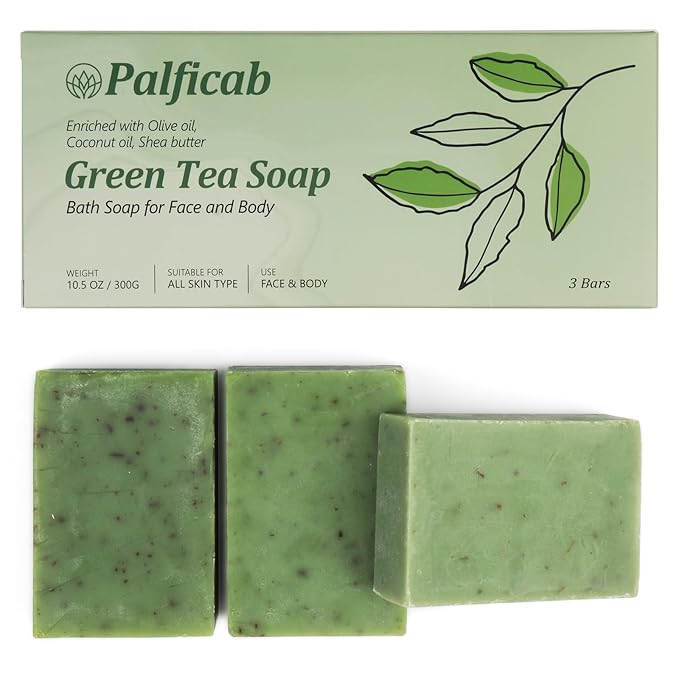 Green Tea Soap, Moisturizing Bath Soap Bars, Cruelty-Free, Gentle Exfoliating for Hydrating & Nourishing Skin with Green Tea Leaves, Coconut Oil, Shea Butter, Gifts for Women Men, 3 Bars