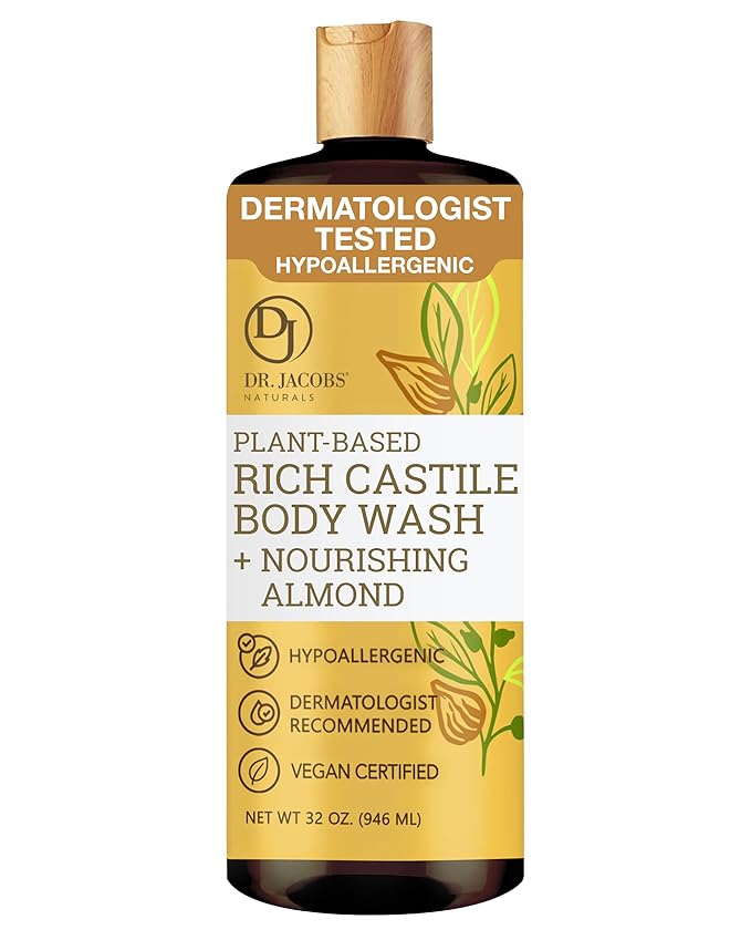 Dr. Jacobs Naturals Pure Castile Soap Liquid Body Wash, Almond - Plant Based Castile Soap Infused with Vitamin E and Aloe Vera to Moisturize Dry and Sensitive Skin - Made in The USA - 32 oz, Pack of 1