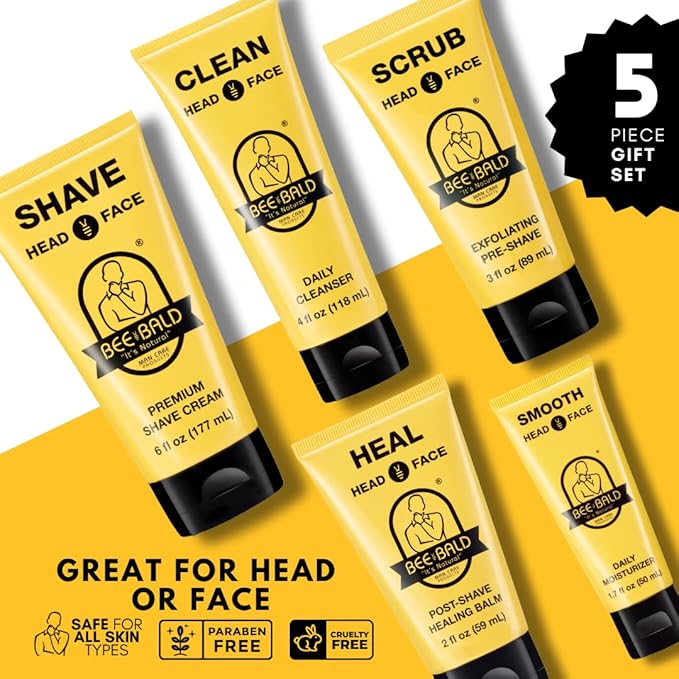 Bee Bald Premium Gift Set for Bald Men, Gift to Combine with Head Shavers for Bald Men Gift - Includes Bald Head After Shave, Moisturizer, Shaving Cream, Exfoliator, and Cleanser (5 Piece Kit)