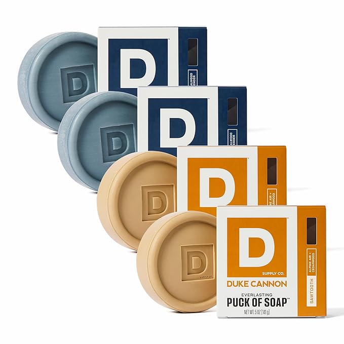 Duke Cannon Everlasting Puck Soap – Midnight Swim & Sawtooth 2-Pack Set, Rounded Men’s Bar Soap with Masculine Scents, 5 oz (4 Pack)